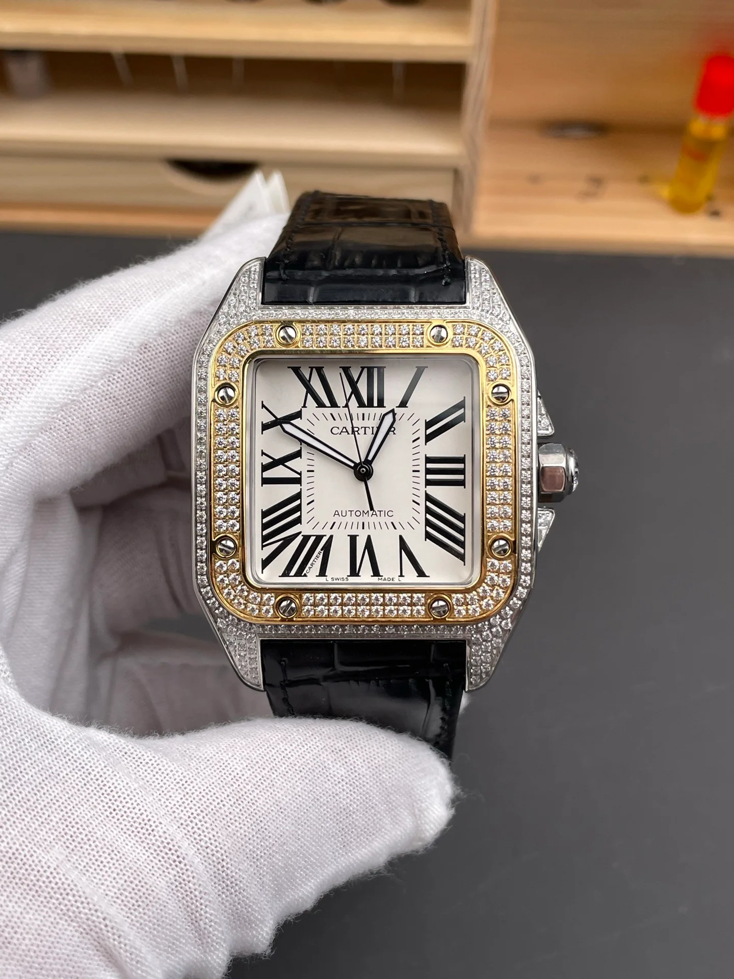 Santos Two-Tone Full Diamond White Dial