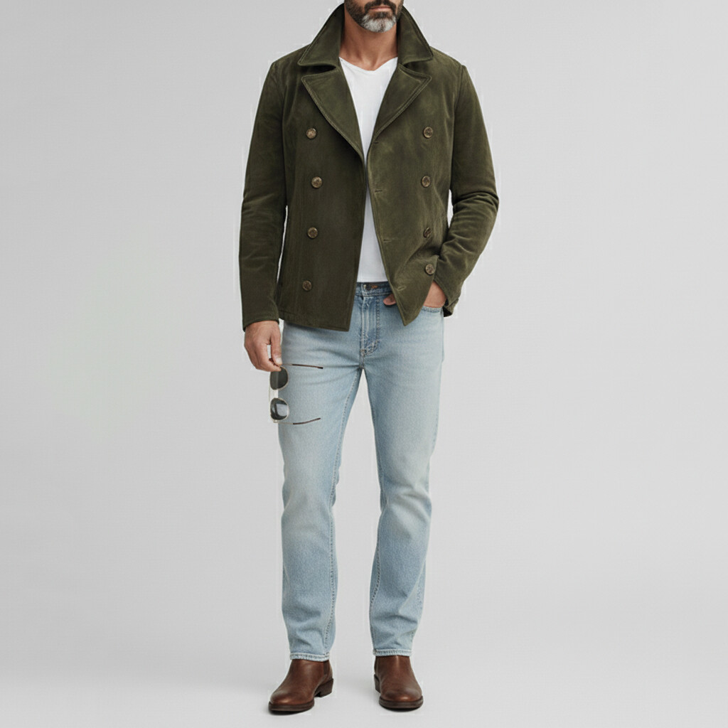 Men's Retro Army Green Suede Solid Lapel Collar Double Breasted Long Sleeve Jackets