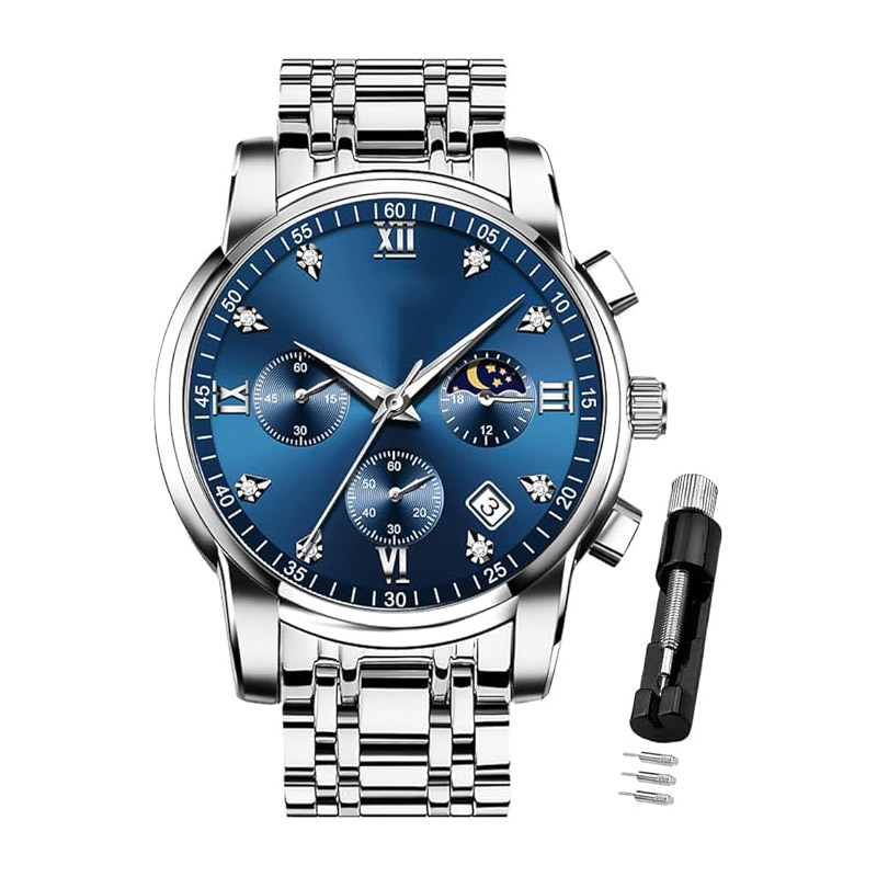KINDWIN Men's watch, diamond-encrusted, business/formal style, quartz movement, stainless steel material, waterproof, luminous display, date display, two-tone strap, luxury casual wristwatch.