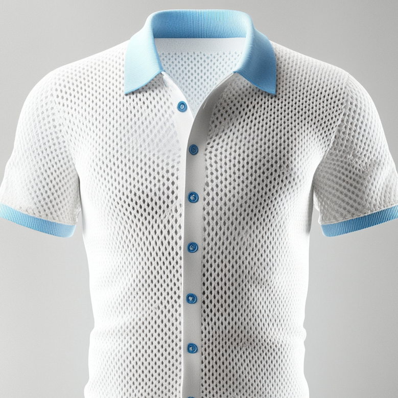 Men's Turndown Collar Short Sleeve Button Knit Hollow Out Contrast Binding Shirt