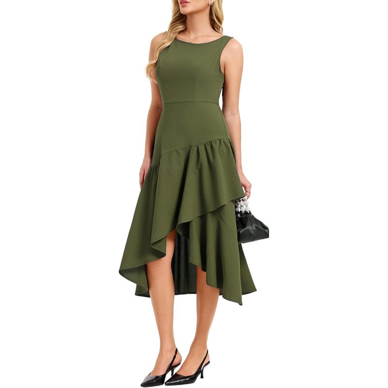 Women's Boat Neck Asymmetrical Ruffle Hem Cocktail A Line Tank Dress