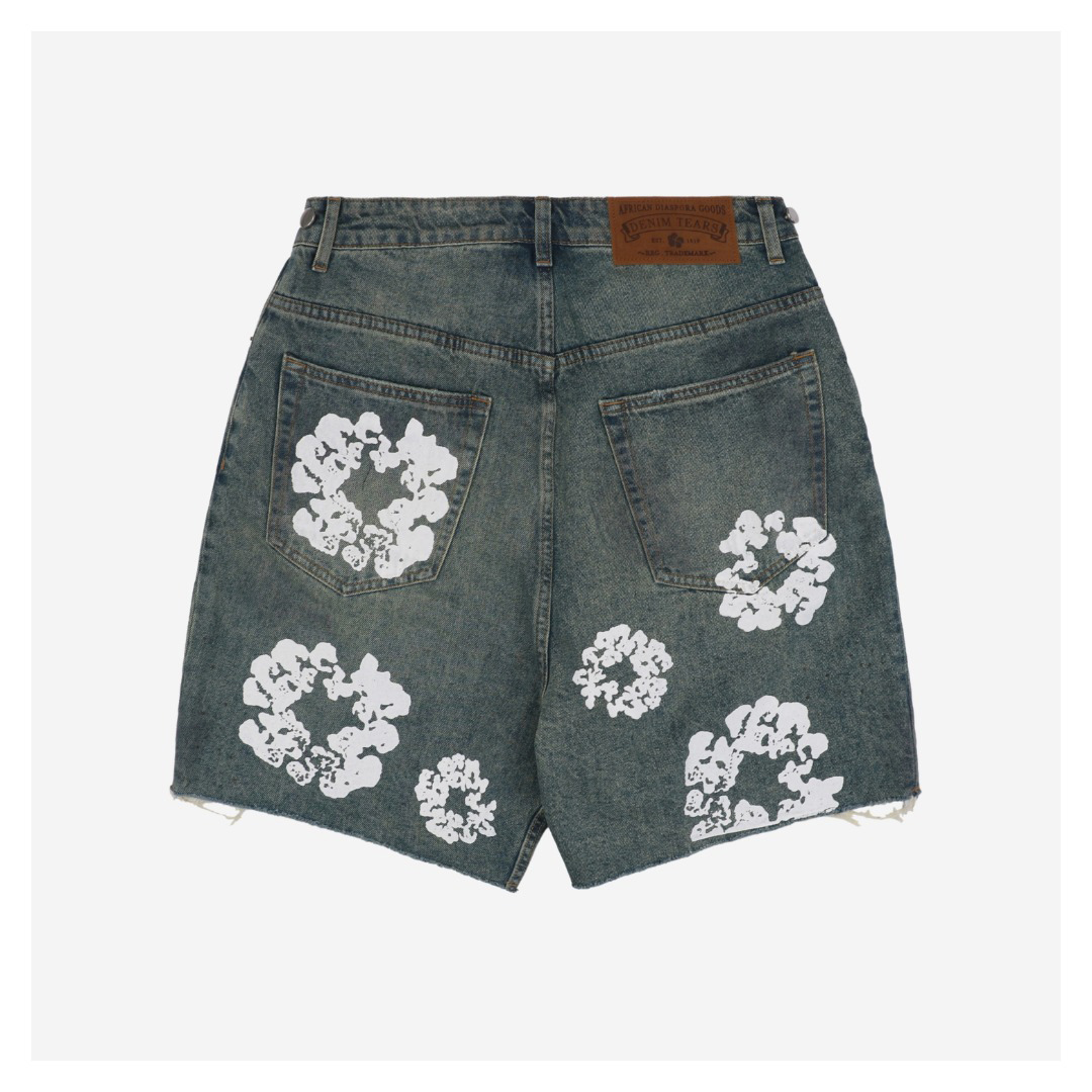 Denim Tears Cotton Flower Print Mud-Dyed Distressed Denim Shorts