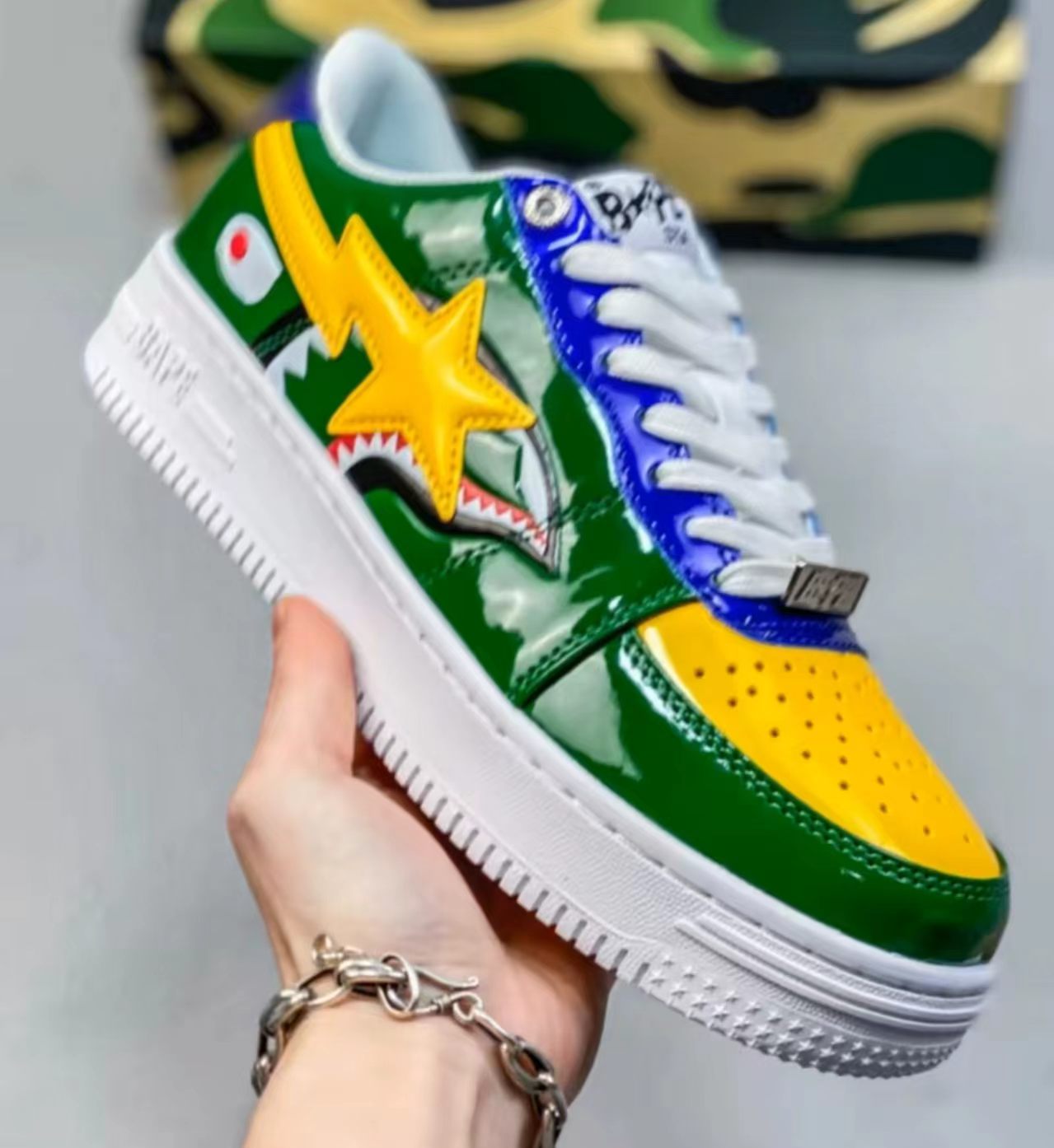 A Bathing Ape Bape Sta Low Green Shark Patent Leather