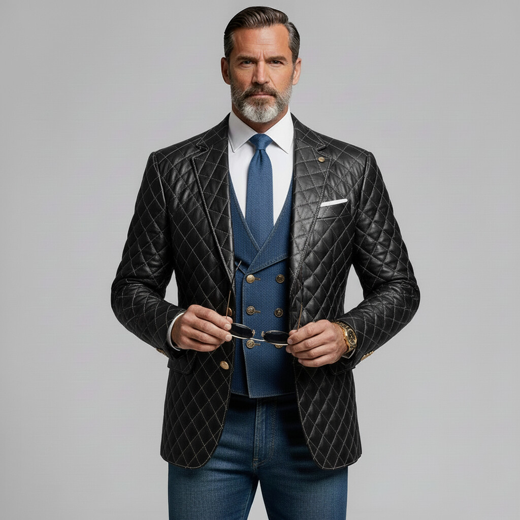 Men's Business Black Notch Lapel Long Sleeve Button Quilted PU Leather Blazer