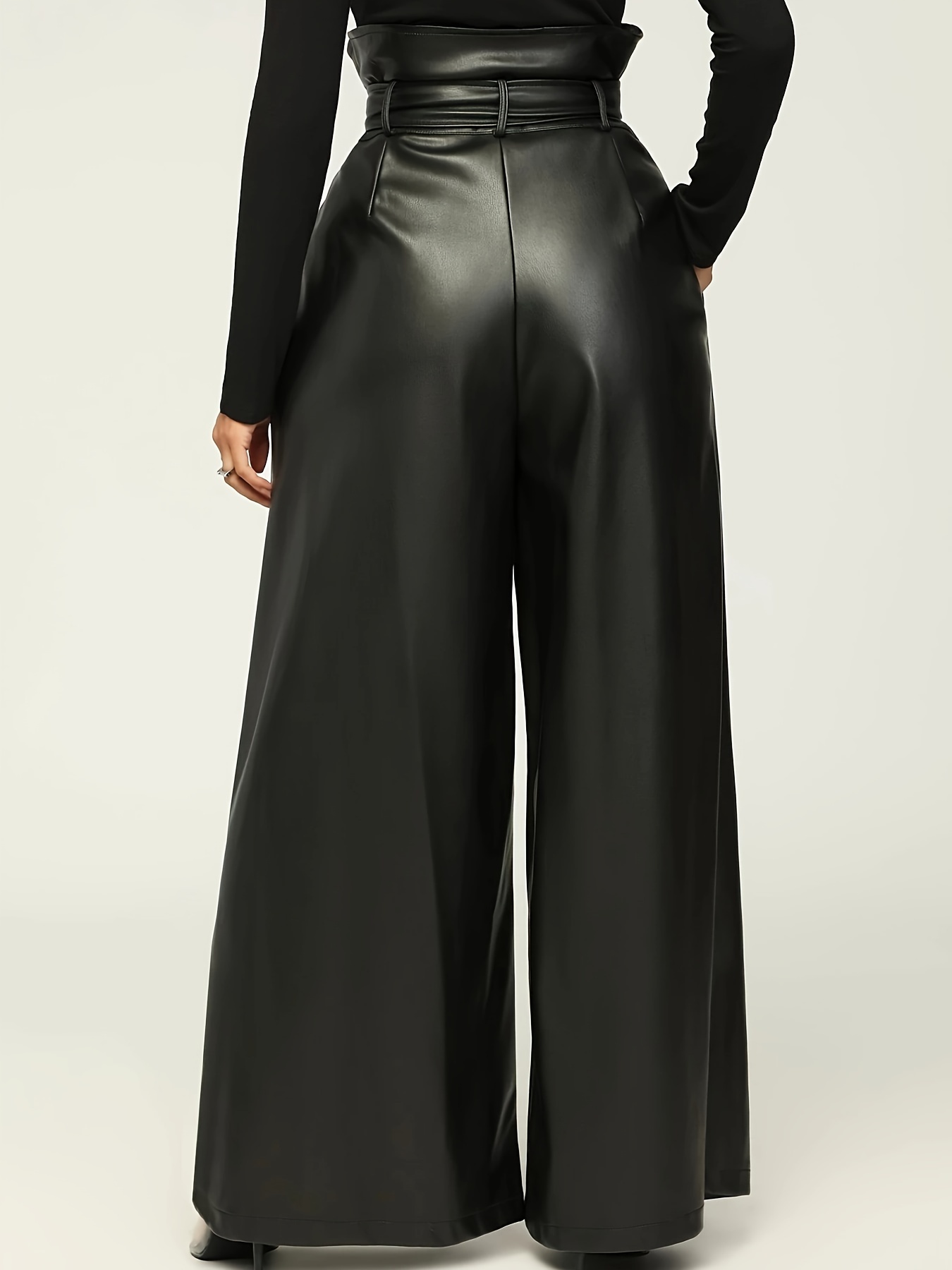 Elegant High-Waist Wide-Leg PU Leather Pants with Chic Metallic Belt – Versatile Solid Color, Non-Transparent