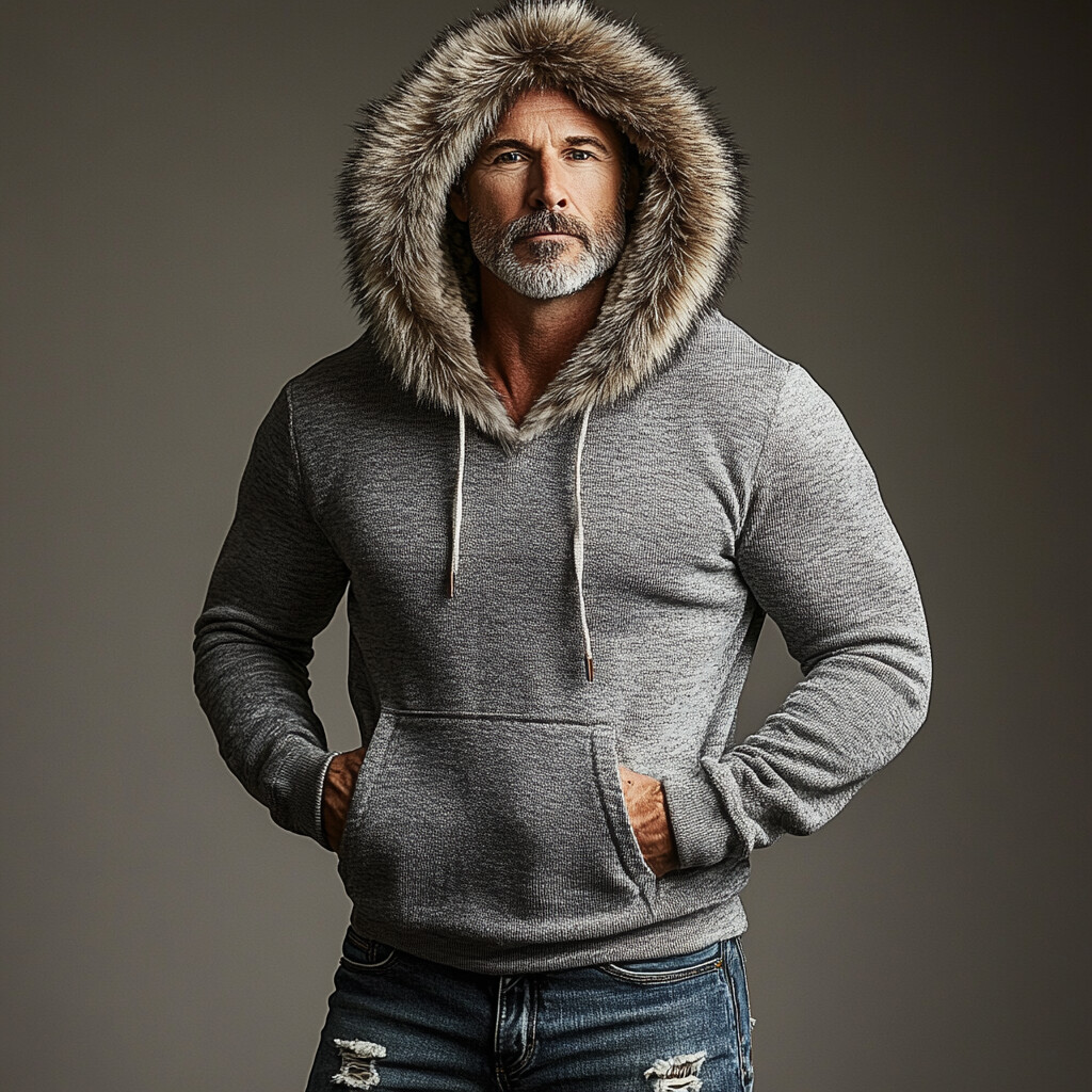 Men's Casual Long Sleeve Pocket Drawstring Fluffy Trim Hoodie