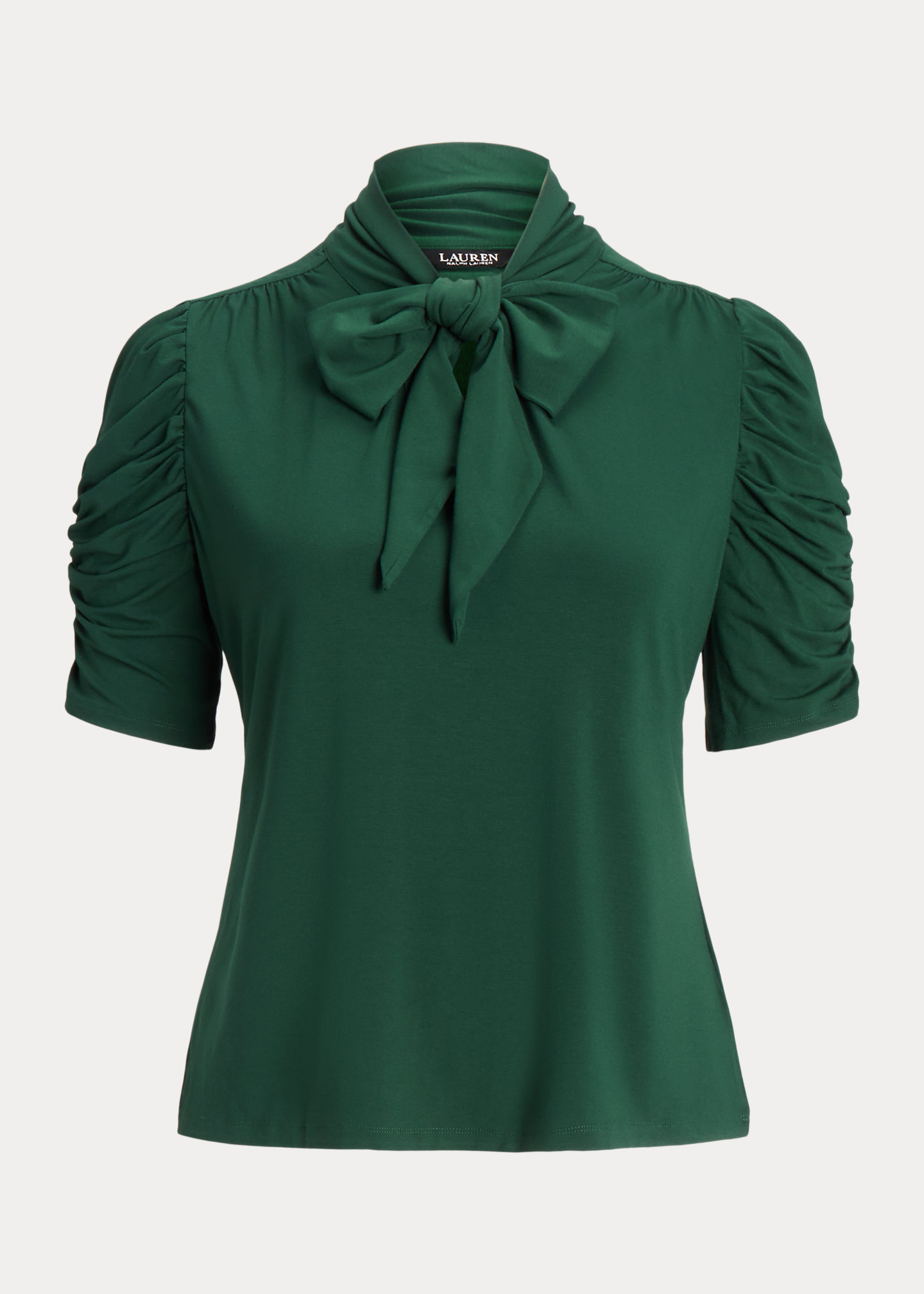 Jersey Puff-Sleeve Tie-Neck Top