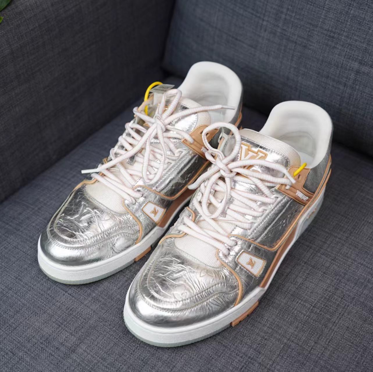 Louis Vuitton Trainer Silver Cracked Metallic Leather Tan Trim Sneaker