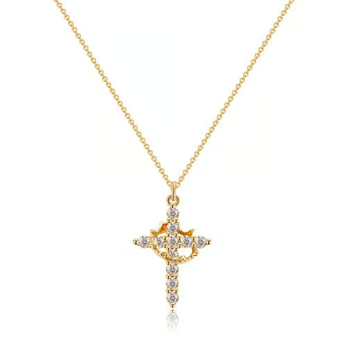 Paved Cross Rotated Crown Necklace