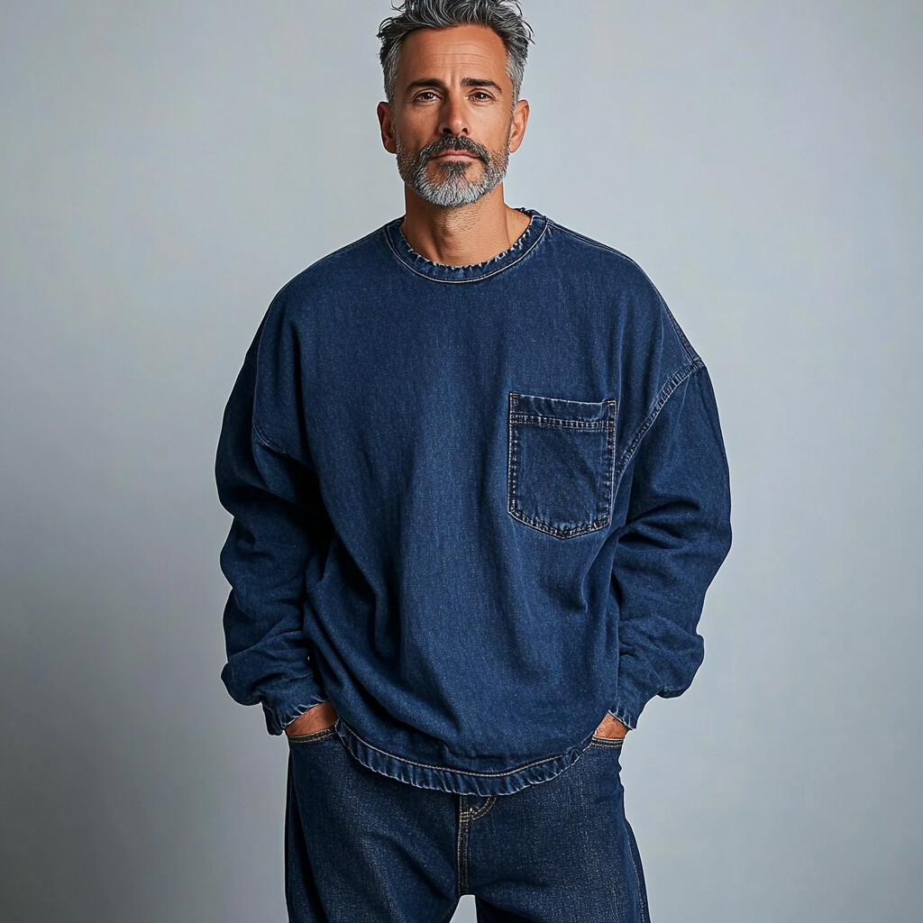 Men's Casual Crew Neck Denim Chest Pocket Sweatshirt