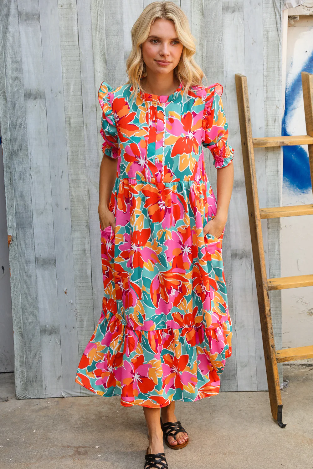 Dazzle In Orange & Aqua Floral Smocked Notched Neck Midi Dress (Open Pack)