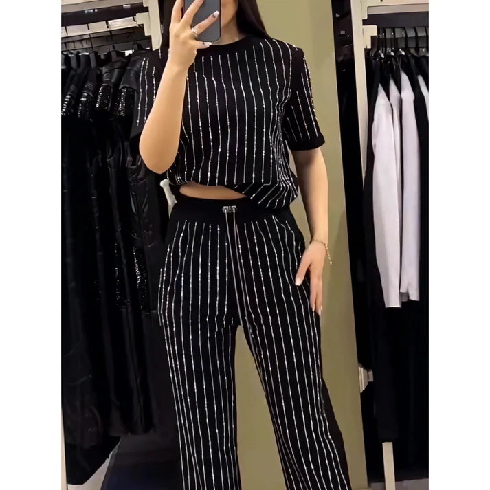 Limited Time Discount Fashion 💖Women's Sparkling Rhinestone Striped Knit Two-Piece Set