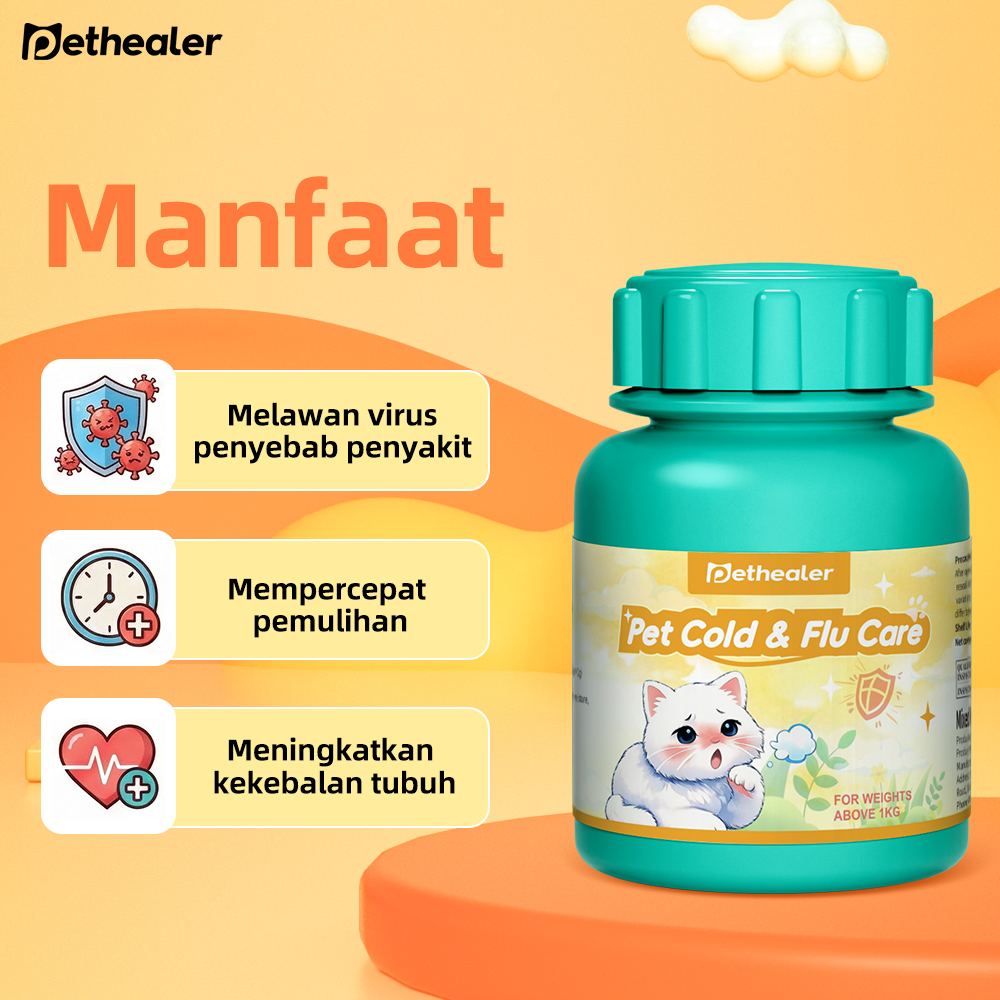 Vitamin Obat Kucing PETHEALER Cold & Flu  untuk Mengatasi Sakit Flu & Pilek Berat, Hidung Tersumbat, Bersin-Bersin, Mata Berair, Basmi Bakteri dan Virus, Tingkatkan Sistem Imun/Daya Tahan Tubuh