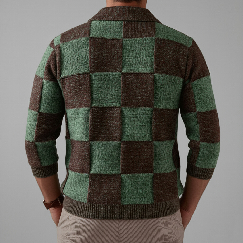 Men's Brown And Green Checkerboard Pattern Turndown Collar Button Long Sleeve Knit Cardigan