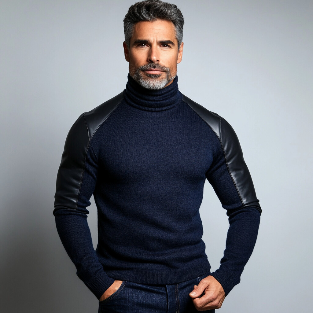 Men's Knit Patchwork PU Leather Long Sleeve Turtleneck Sweater