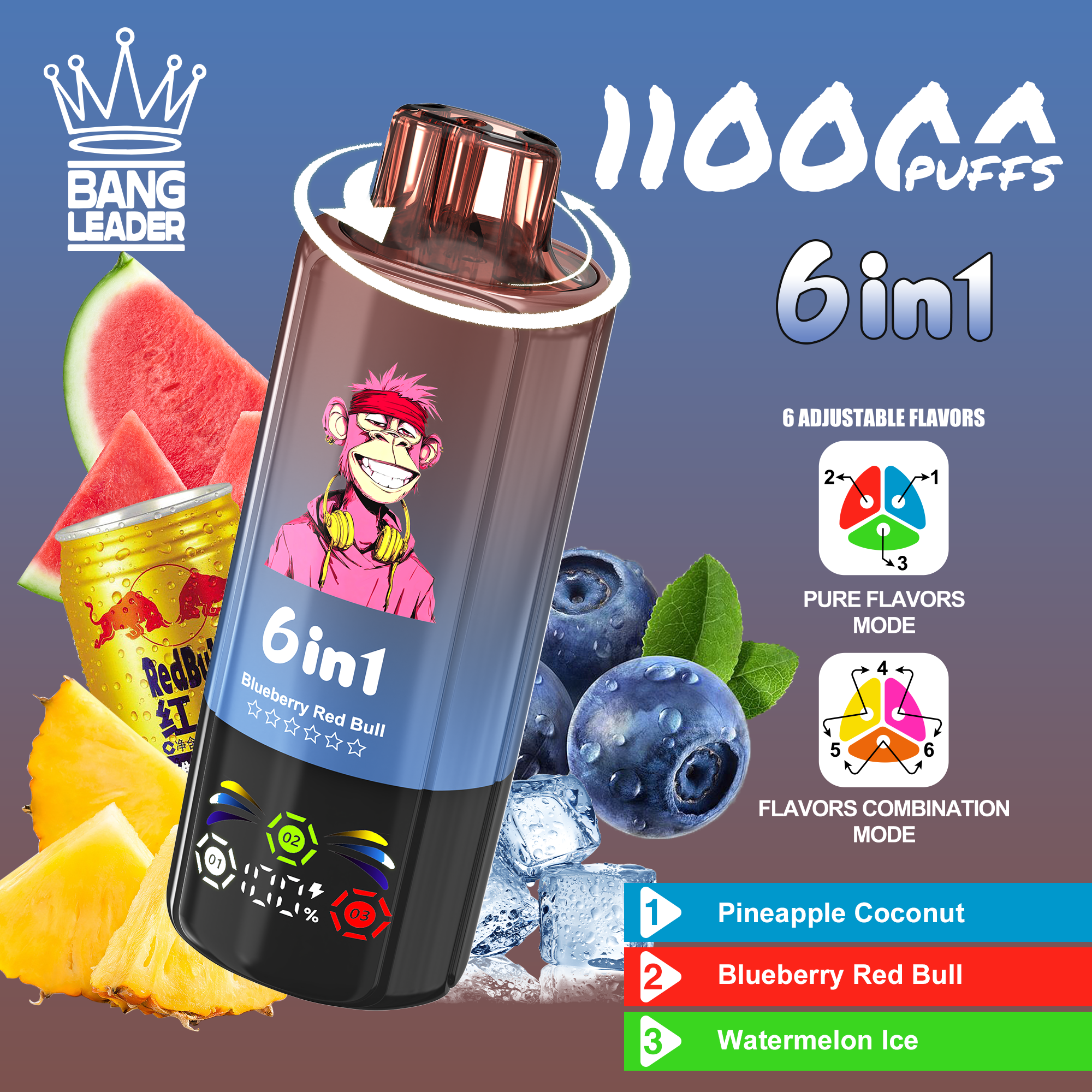 Bang Leader 110K Puffs 6-in-1 Prefilled  Vape | 6 Flavors in 1 Device,  Rechargeable,