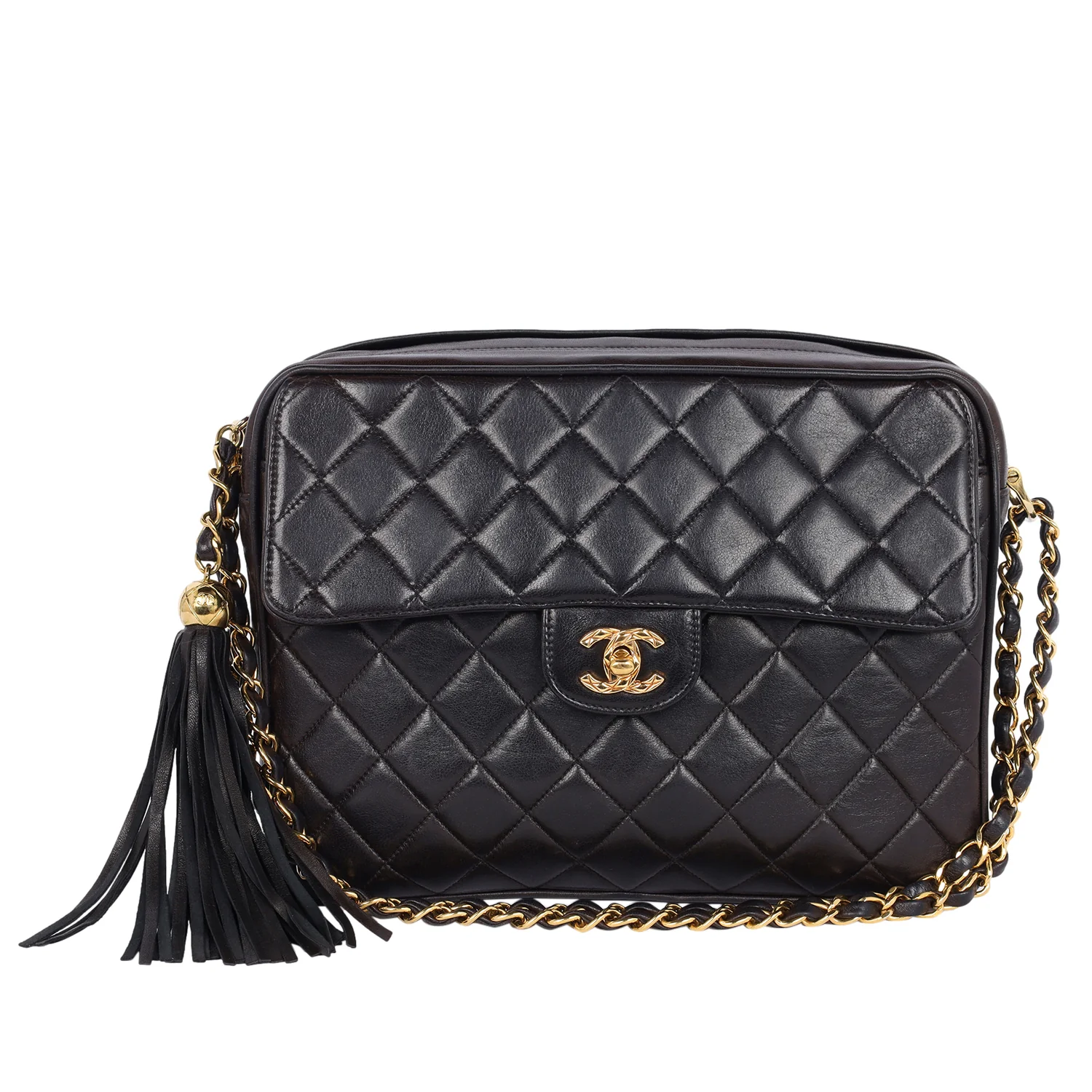 Lambskin Quilted Tassel Camera Case Black Medium Black