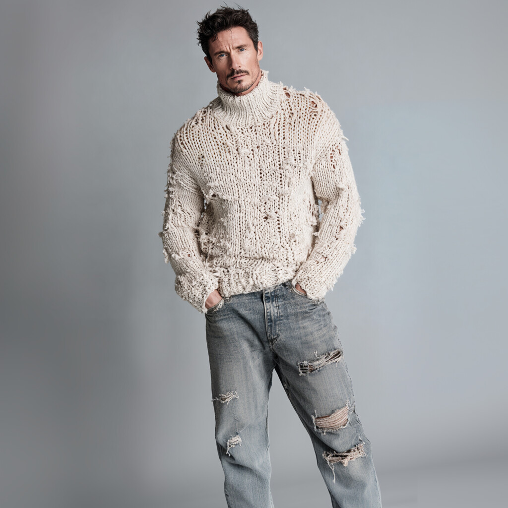 Men's Distressed Chunky Knit Long Sleeve Drop Shoulder Turtleneck Sweater