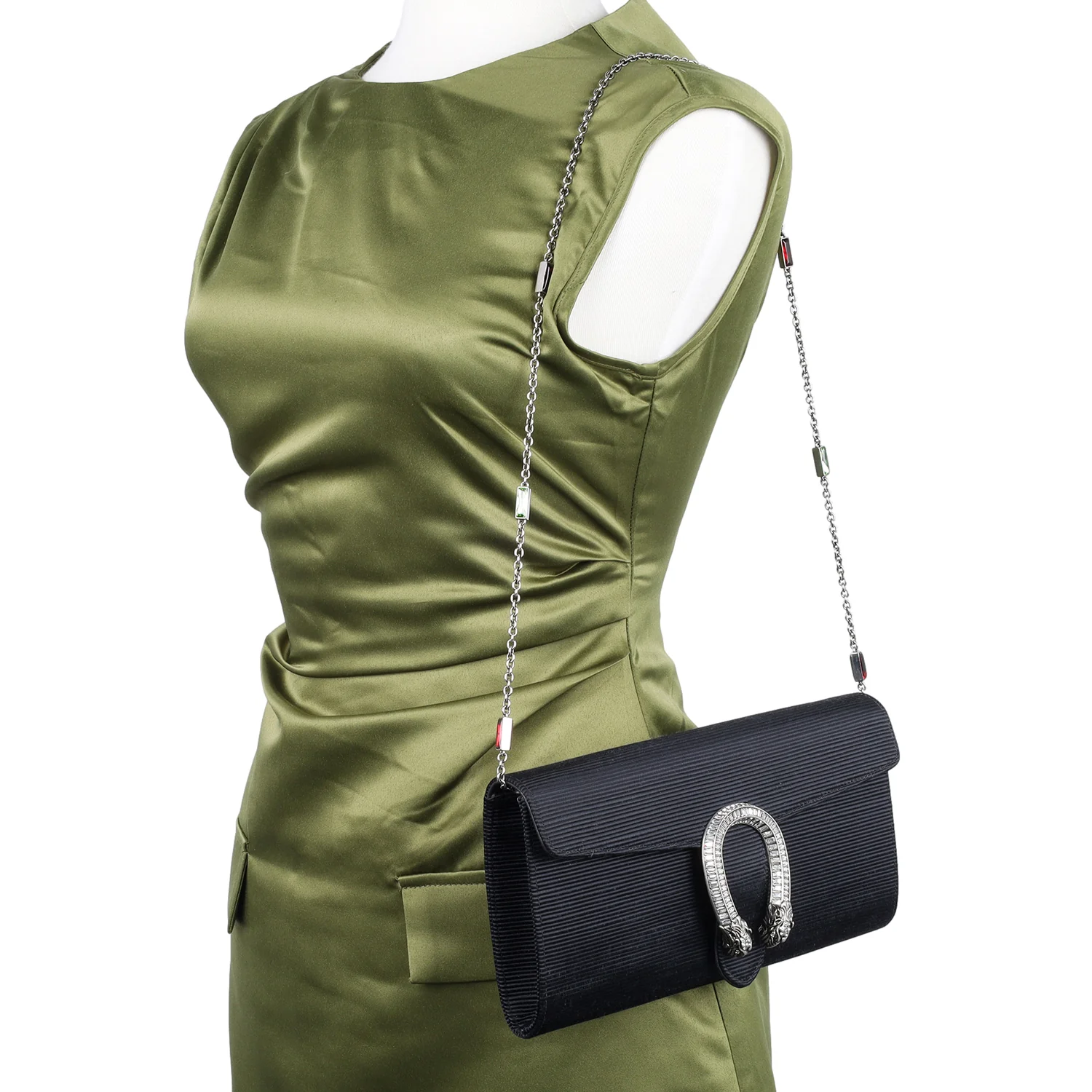 Dionysus Horseshoe Crystal Satin Ribbed Clutch Shoulder Bag Black