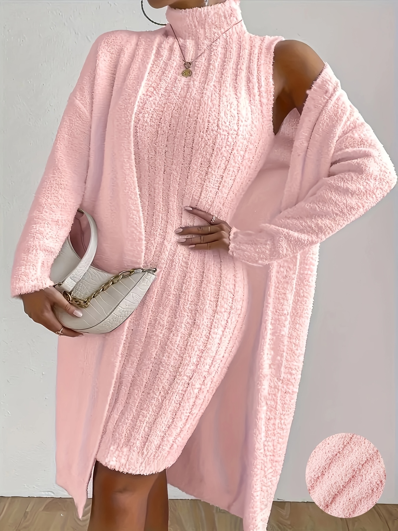 Plus Size, Knitted, Fall Winter, Turtle Neck, Sleeveless Bodycon Dress & Open Front Long Length Cardigan