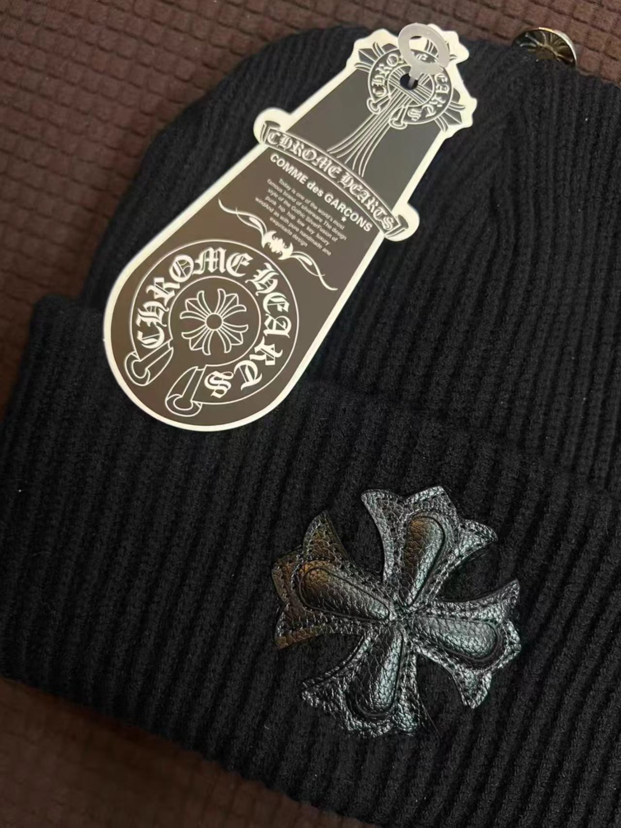 Chrome Hearts x COMME des GARÇONS Style Ribbed Knit Beanie with Cross Leather Patch