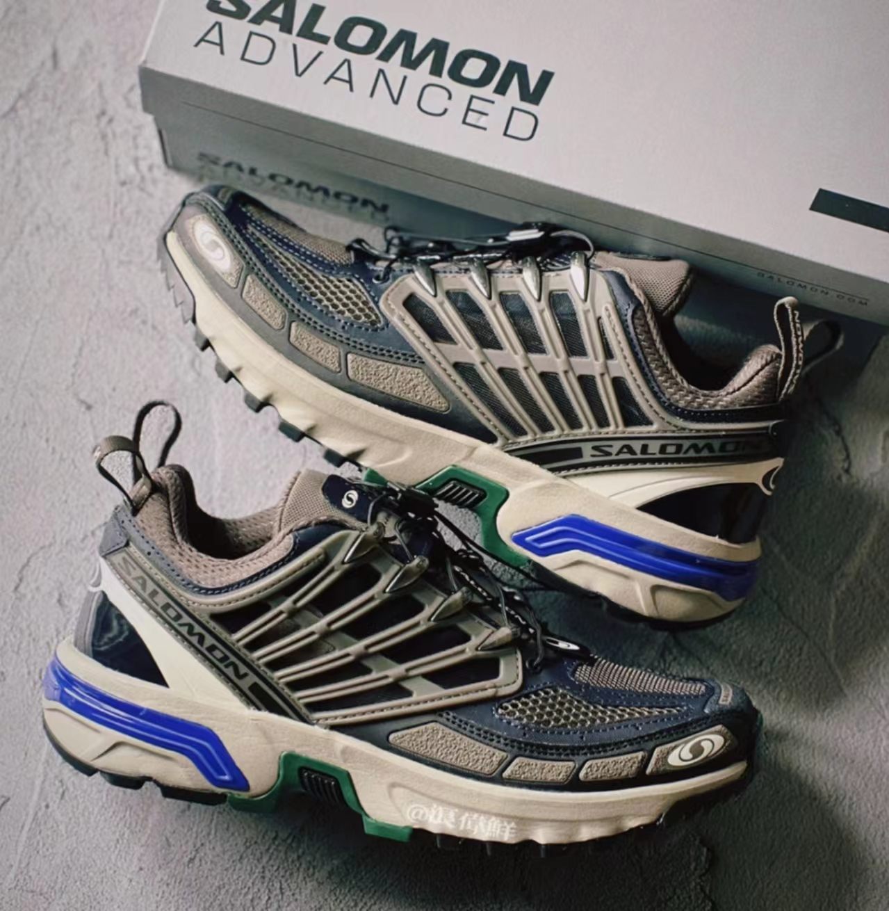 Salomon ACS Pro Dark Grey Beige Blue Green Hiking Shoes