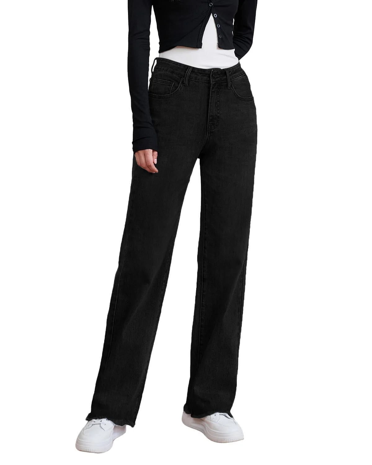 Womens High Waisted Jeans Stretchy Straight Leg Loose Fit Tummy Control Raw Hem Denim Pants Trendy 2025 Fashion (US, Numeric, 2, Regular, Short, Black)