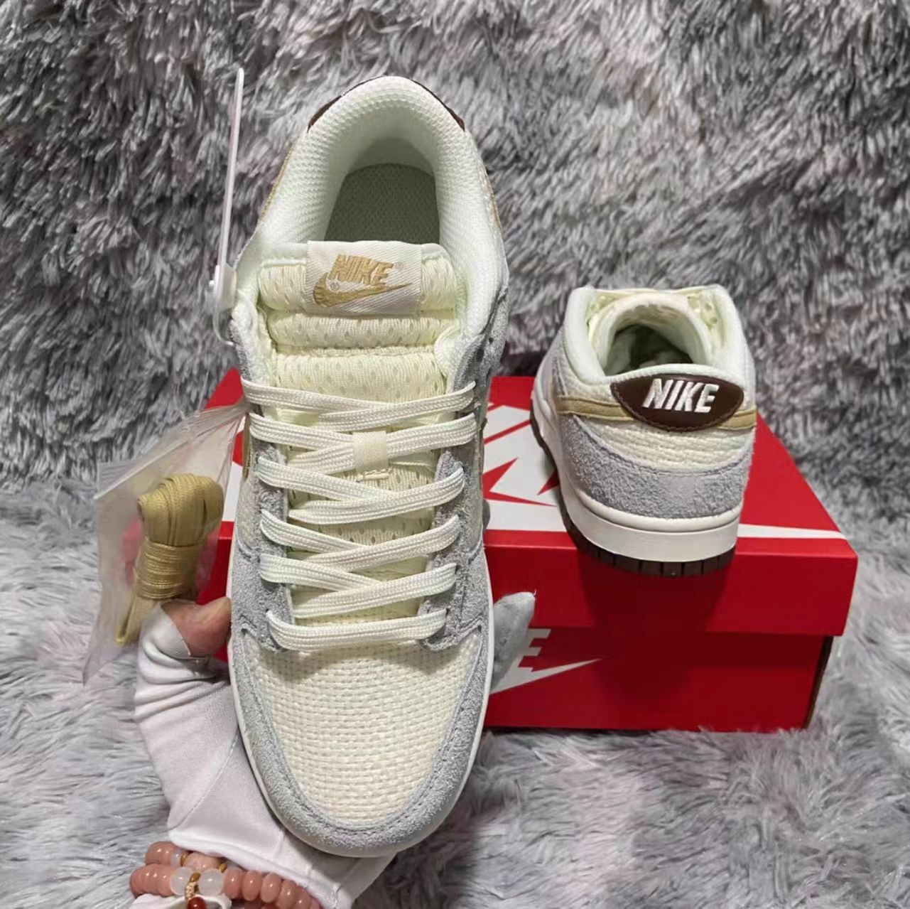Nike Dunk Low Cream Mesh Pale Mint Suede Tan Swoosh Gum Outsole