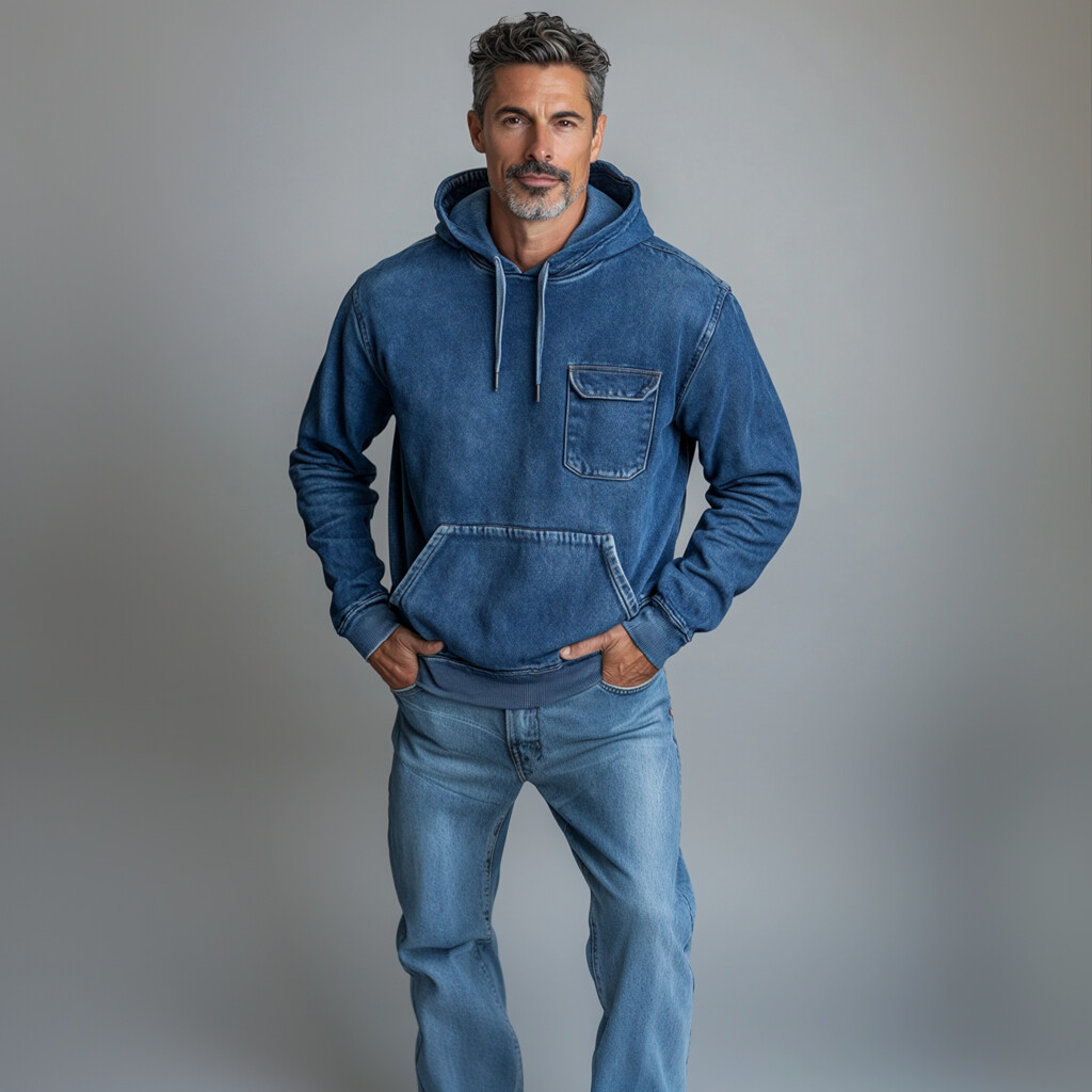 Men's Casual Denim Flap Pocket Drawstring Hoodie
