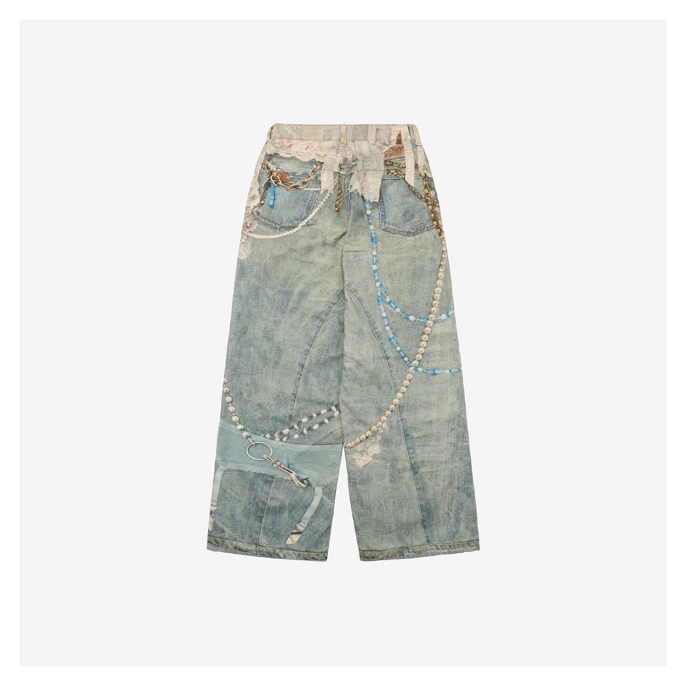 Acne Studios Lace And Pearl Printed Denim Pants