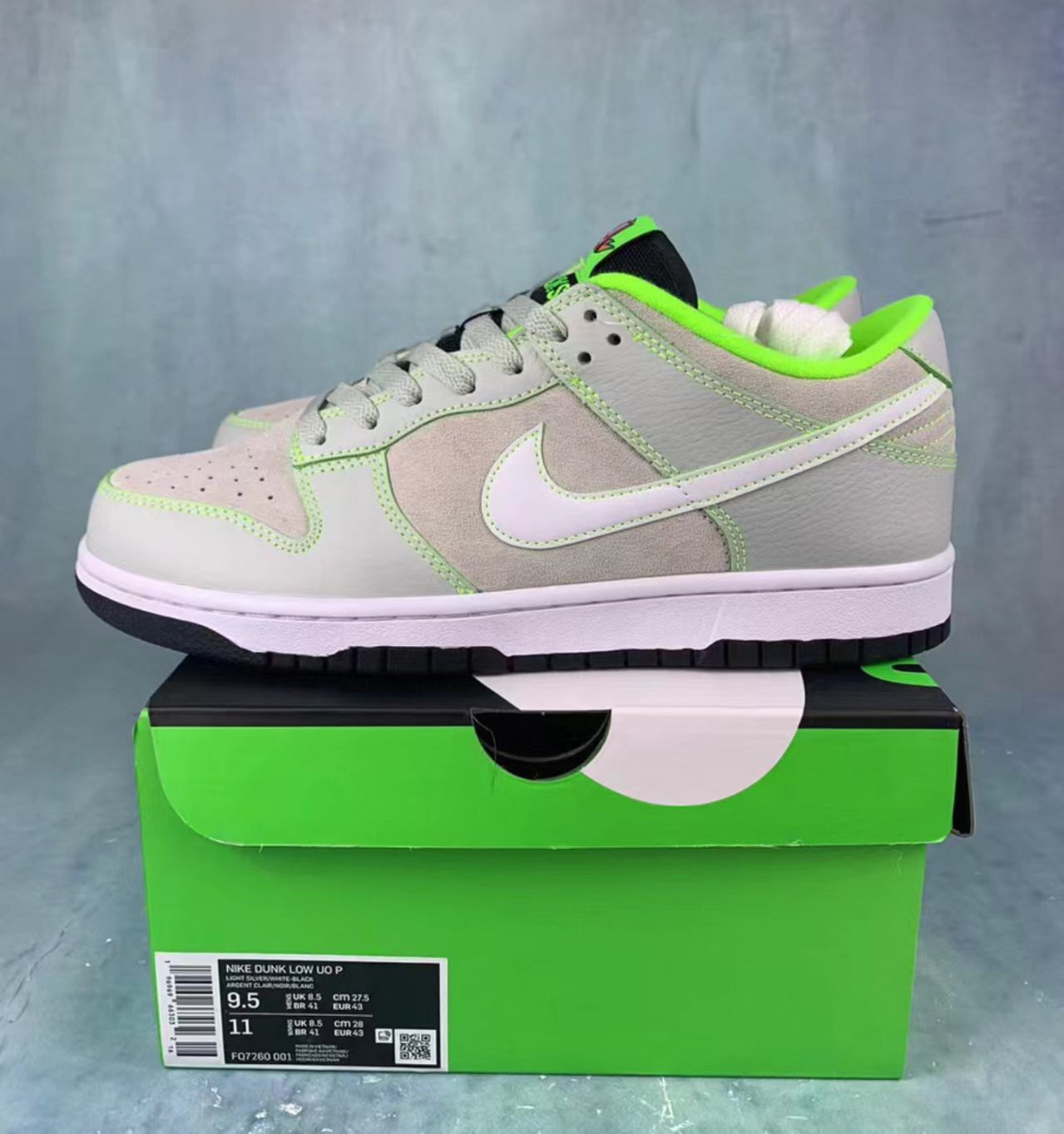 Nike Dunk Low Light Grey Suede Neon Green Stitch White Swoosh Black Outsole