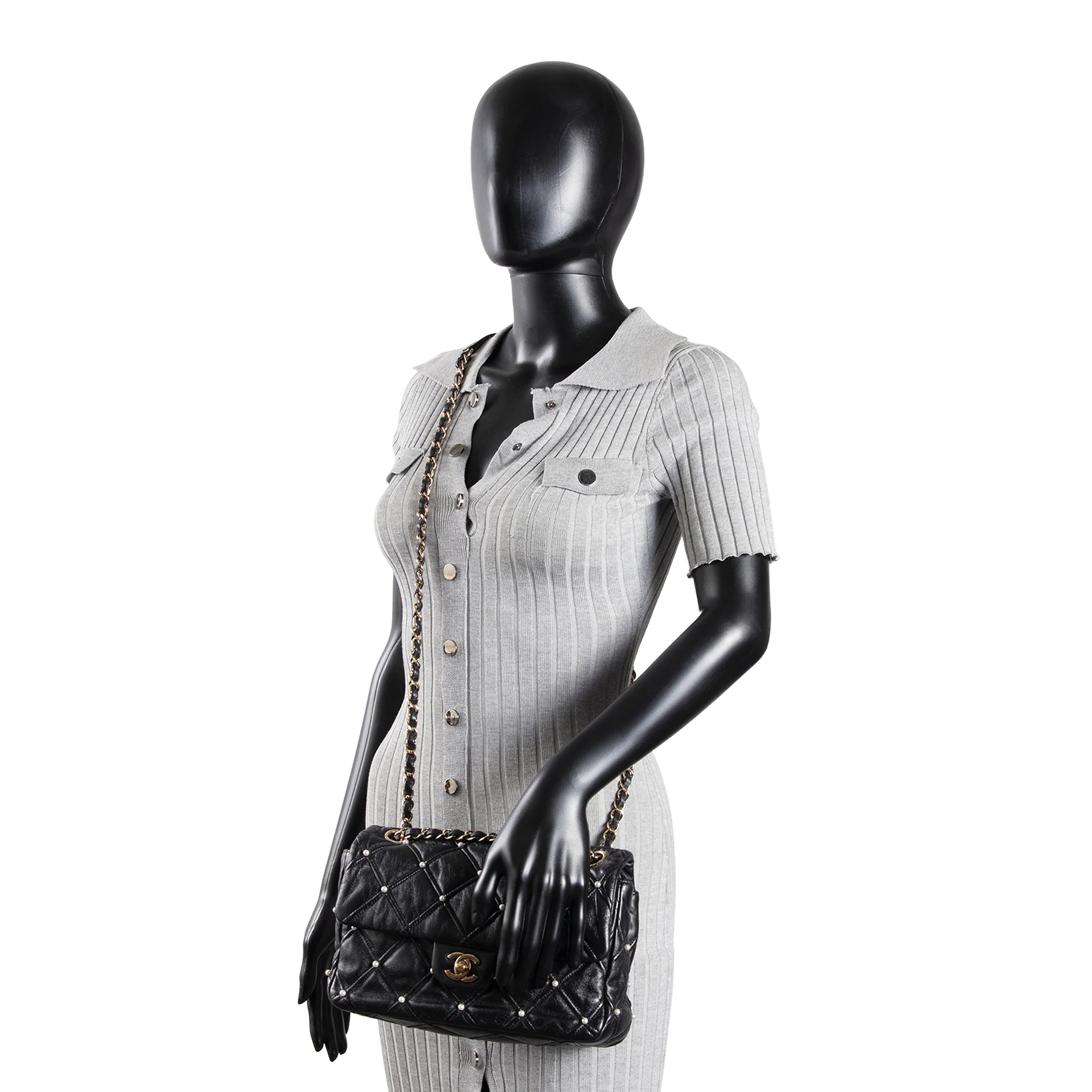 CHANEL CC Flap Pearl Studded Quilted Lambskin - Black