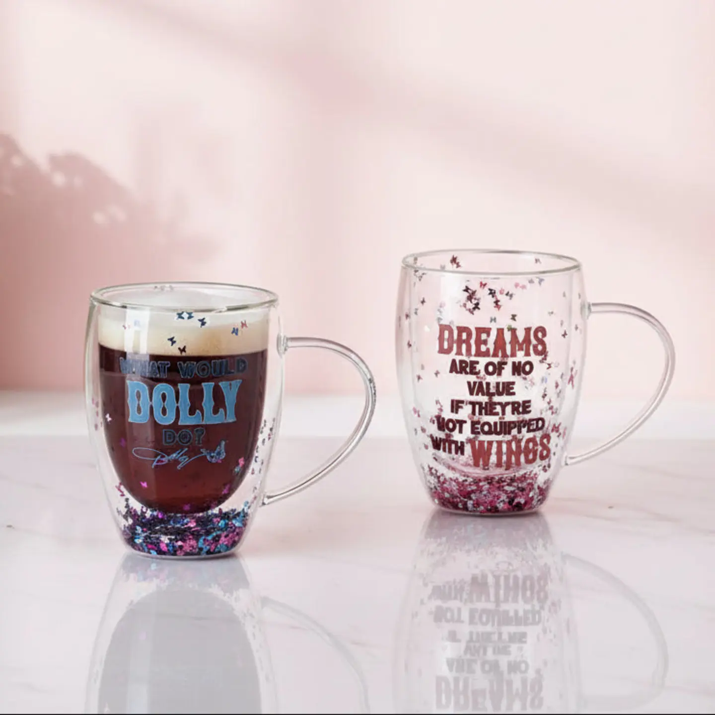 Dolly Parton Confetti Set of 2 Double Wall Glass Mugs