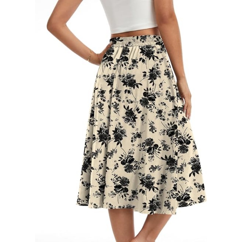 Women's Pleated High Waist A‑Line Midi Flowy Skirt with Pockets