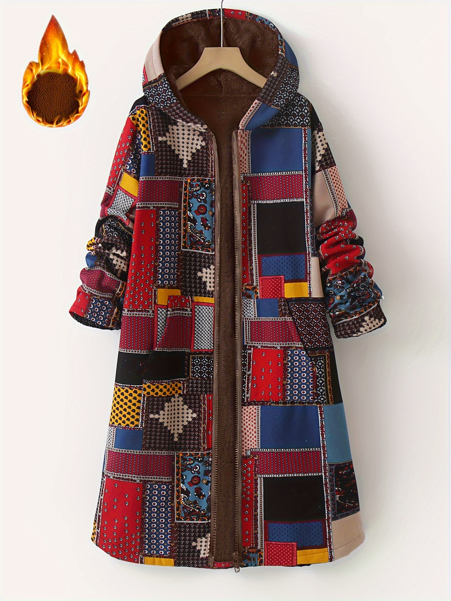 Women’s Plus Size Colorful Patchwork Hooded Coat – Casual Polyester, Machine Washable