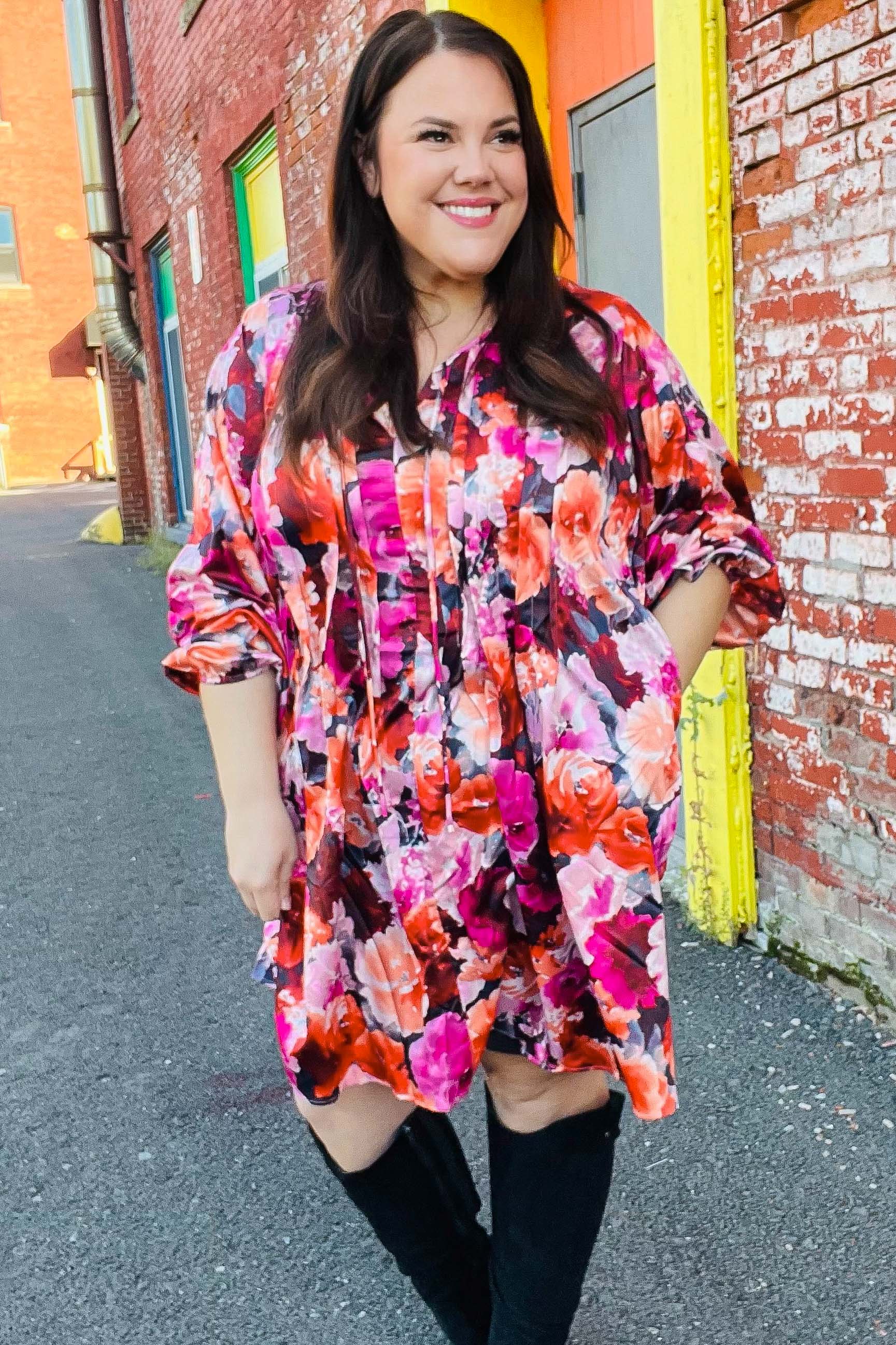 Diva Dreams Coral & Charcoal Floral Tie Neck Pintuck Satin Dress (Open Pack)