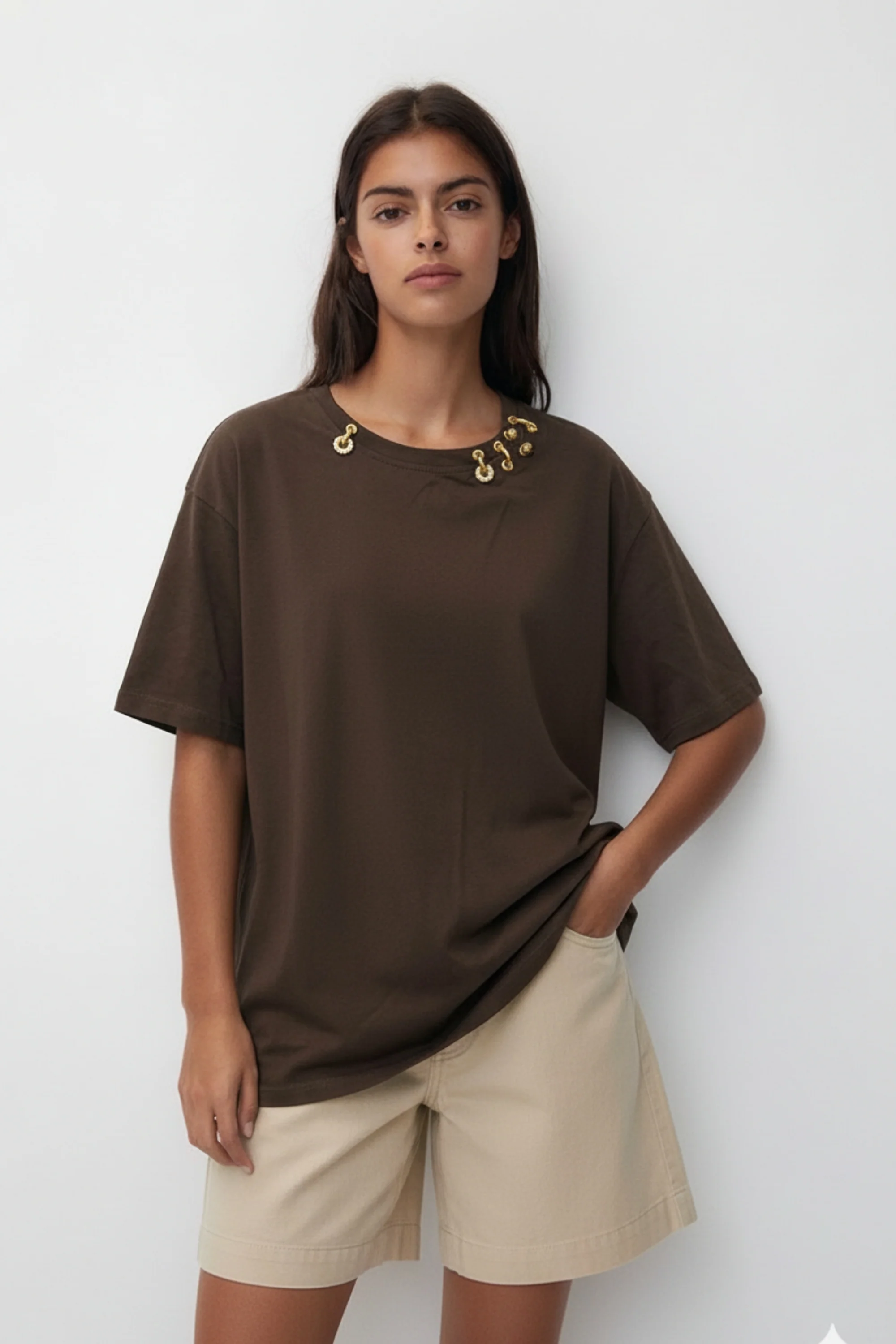 Mocha Gold Link Neck Detail T-Shirt