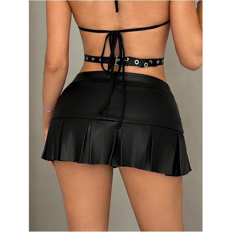 Women's Pleated Leather Skirts Buckle Low Waisted Y2K Belted Mini Skirts