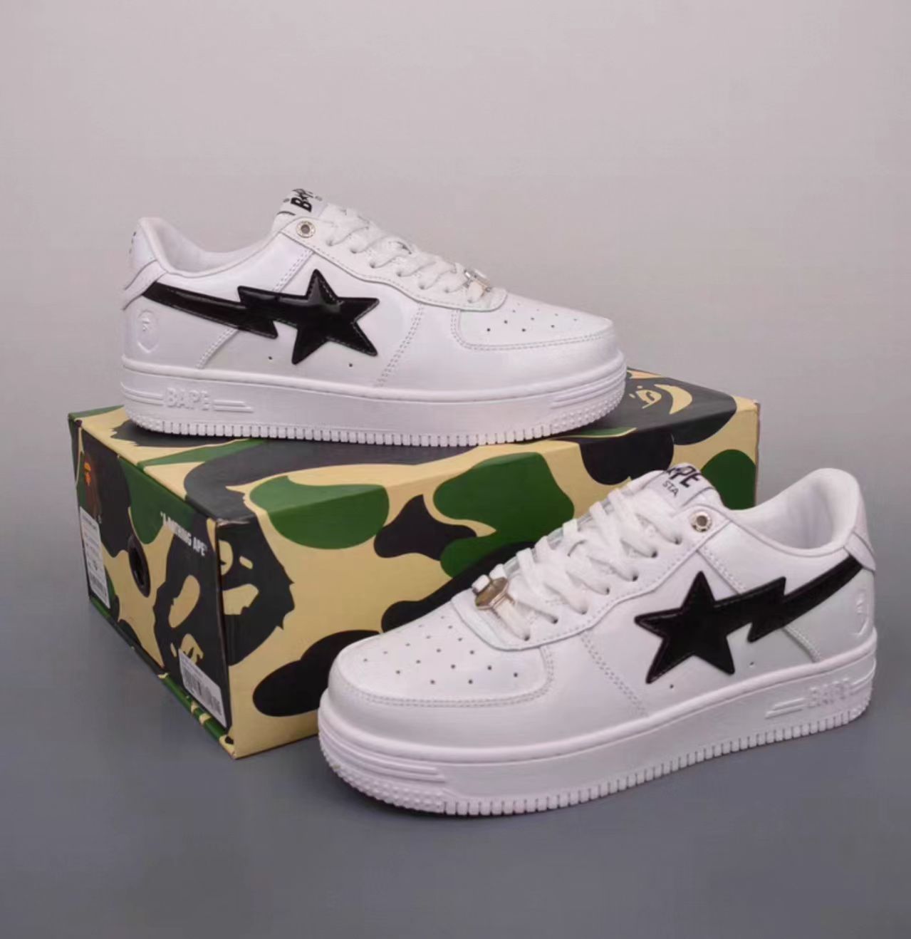 BAPE STA Low Embossed White Black Patent Leather