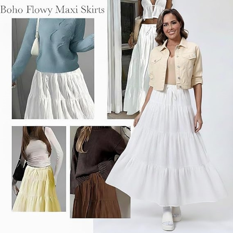 Women's Boho Flowy White High Waist Maxi Skirt with Ruffle & Elastic Waist