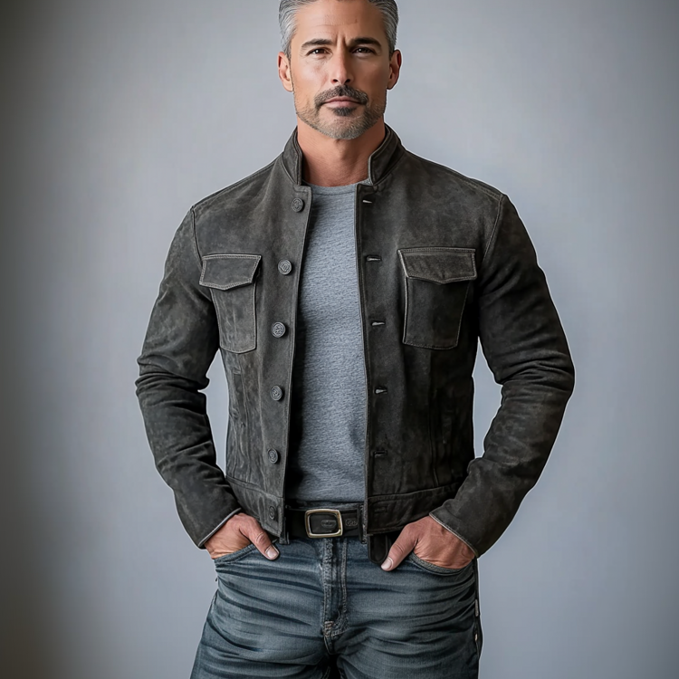 Men's Suede Stand Collar Button Flap Pocket Casual Jacket