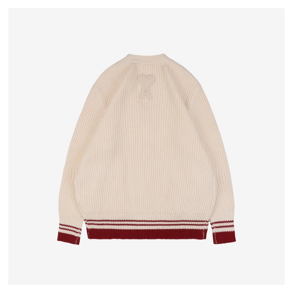 Ami Wool Cardigan With Red-Hem Heart Letter Logo