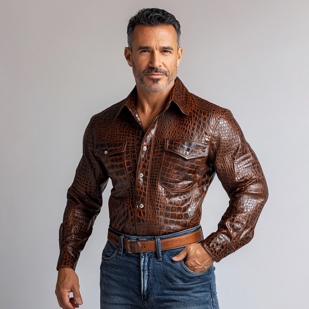 Men's Vintage PU Leather Alligator Pattern Chest Pocket Long Sleeve Shirt