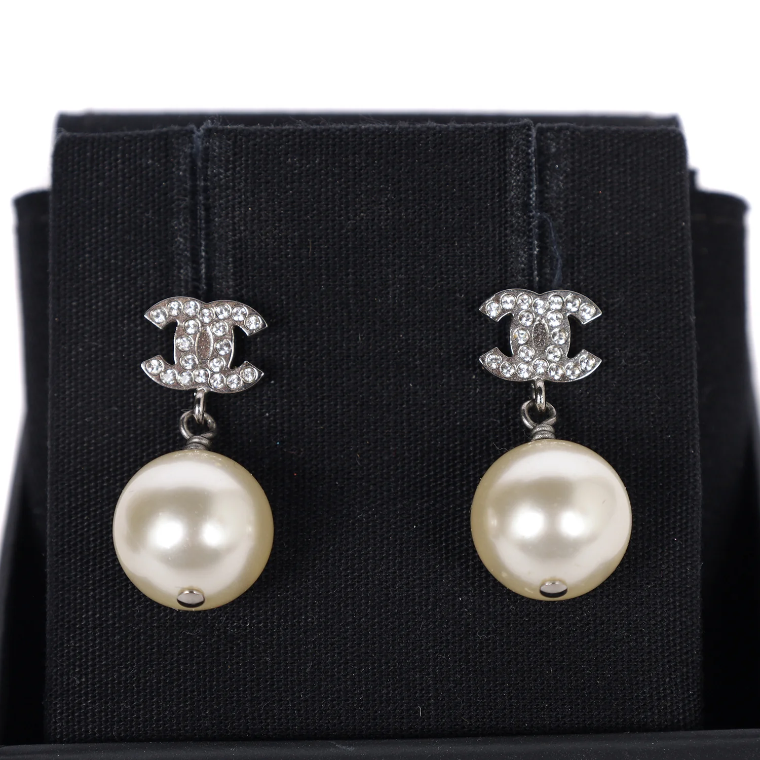 Crystal Pearl CC Drop Earrings Silver