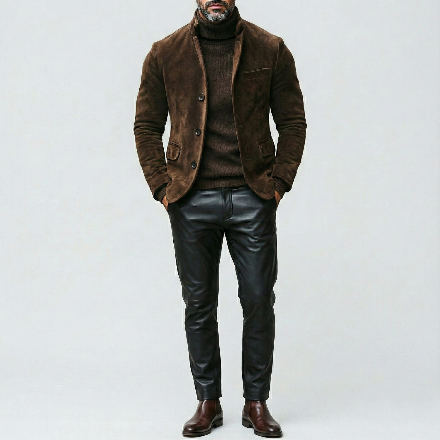 Men's Retro Dark Brown Stand Collar Long Sleeve Chest Pocket Single Breasted Suede Blazers