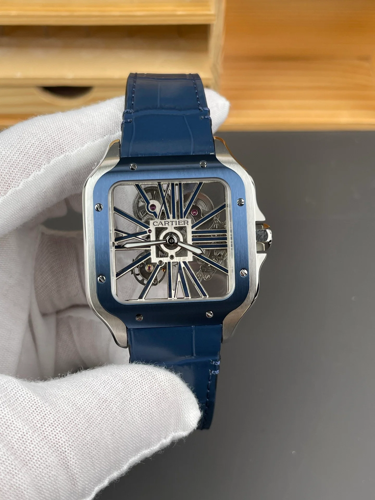 Santos Skeleton Series Leather Strap Blue Dial