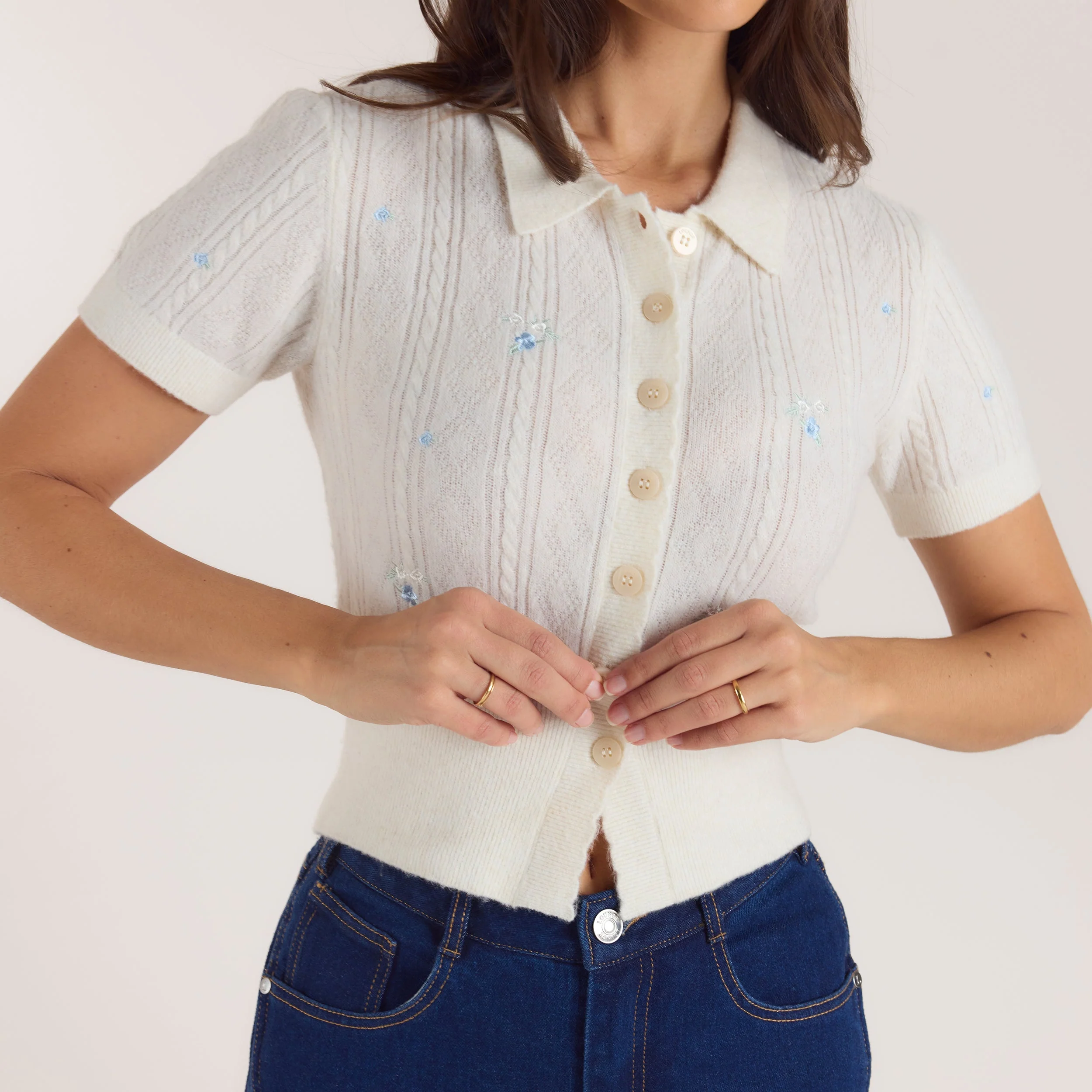 Embroidered Knitted Top - Cream