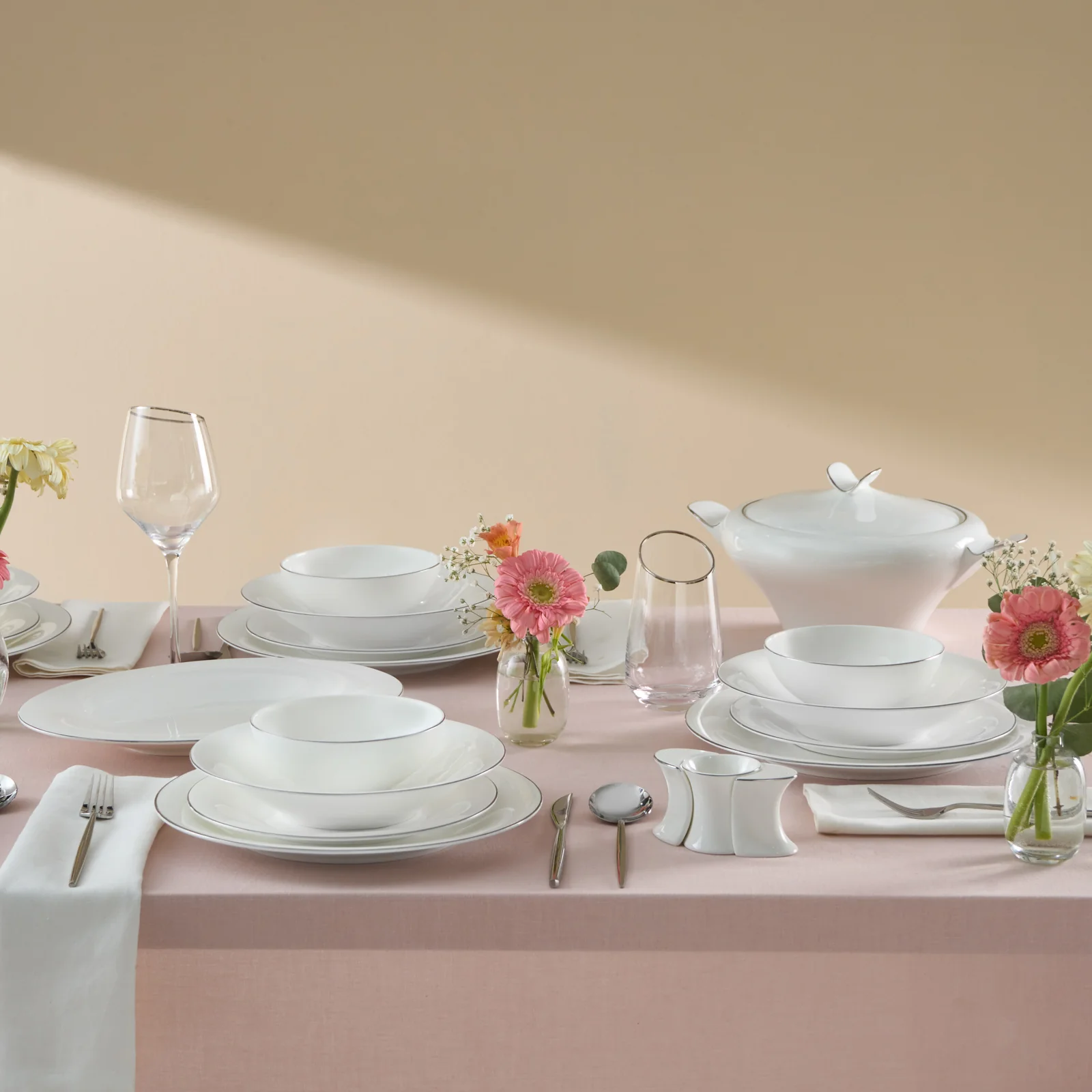 Karaca Fine Pearl Extra Argento Platin Service De Table 55 Pièces Pour 12 Personnes