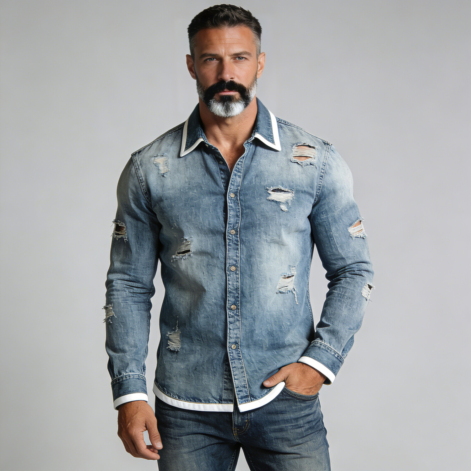 Men's Washed Denim Ripped Contrast Trim Single Breasted Long Sleeve Shirt