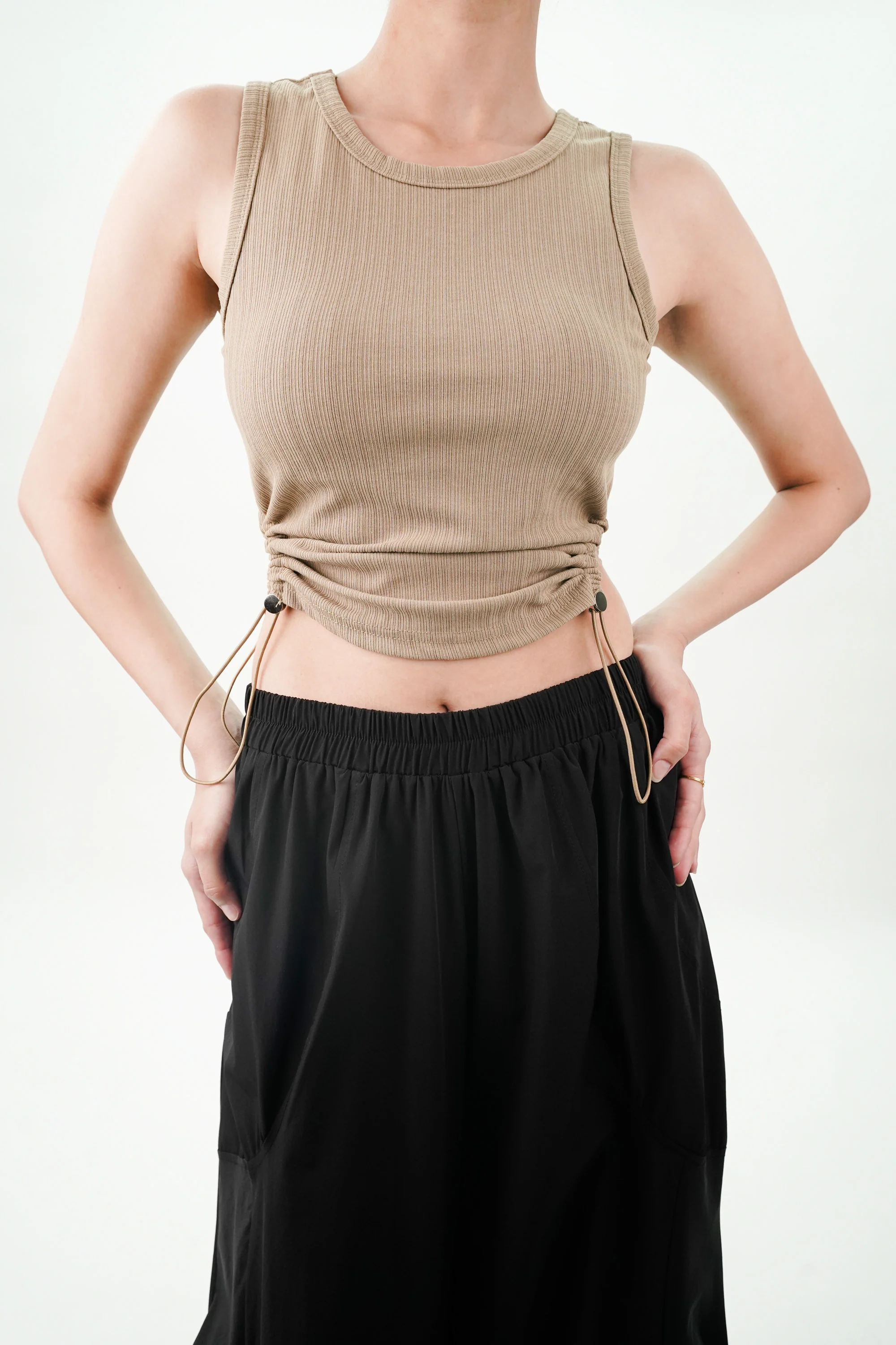 Brown Top With Drawstring On Side Slits
